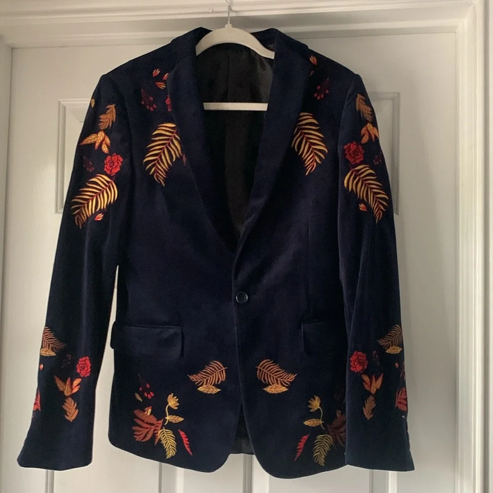 ASOS Men 2pc Blue Velvet Suit Personalized Floral Embroidered Lapel Designer - Picture 5 of 16